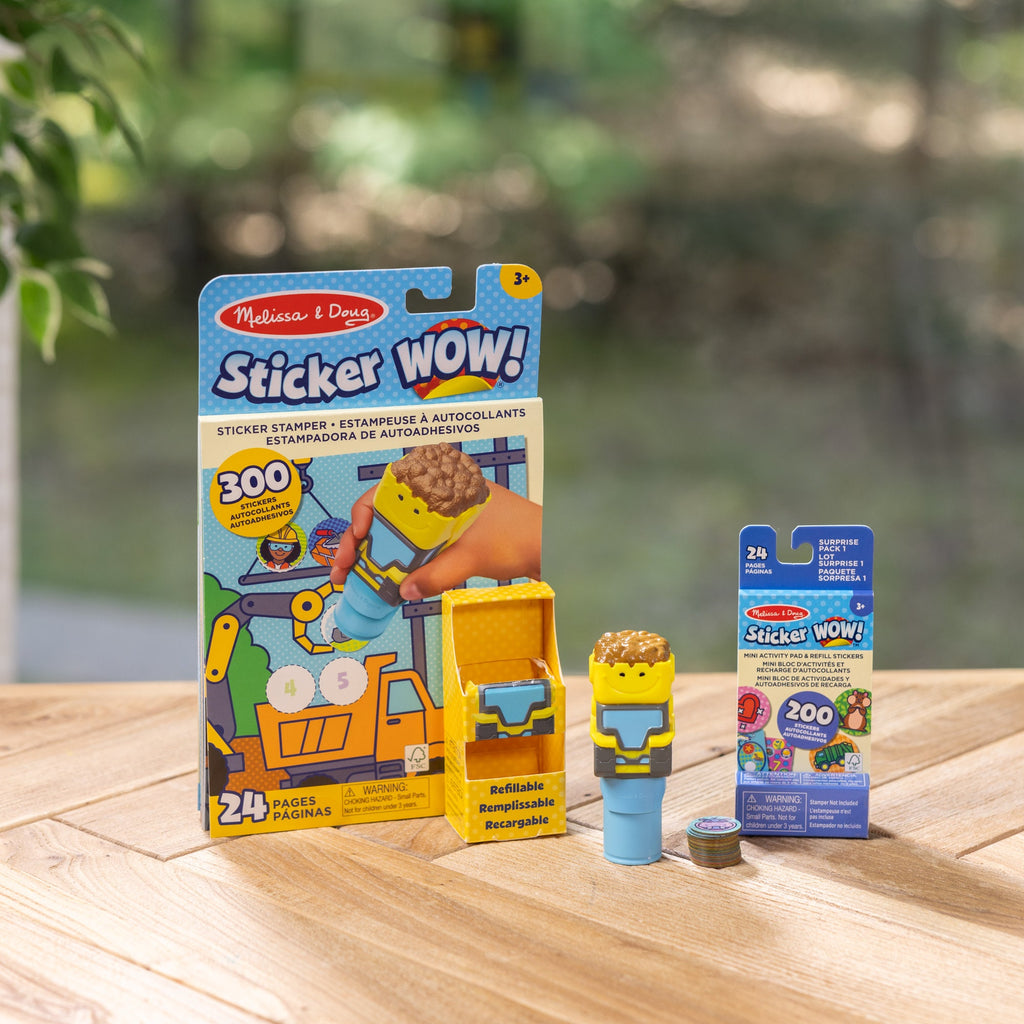Melissa and Doug Sticker WOWTM Bulldozer Bundle Activity Pad Sticker Stamper Mini Activity Pad and 200 Refill Stickers
