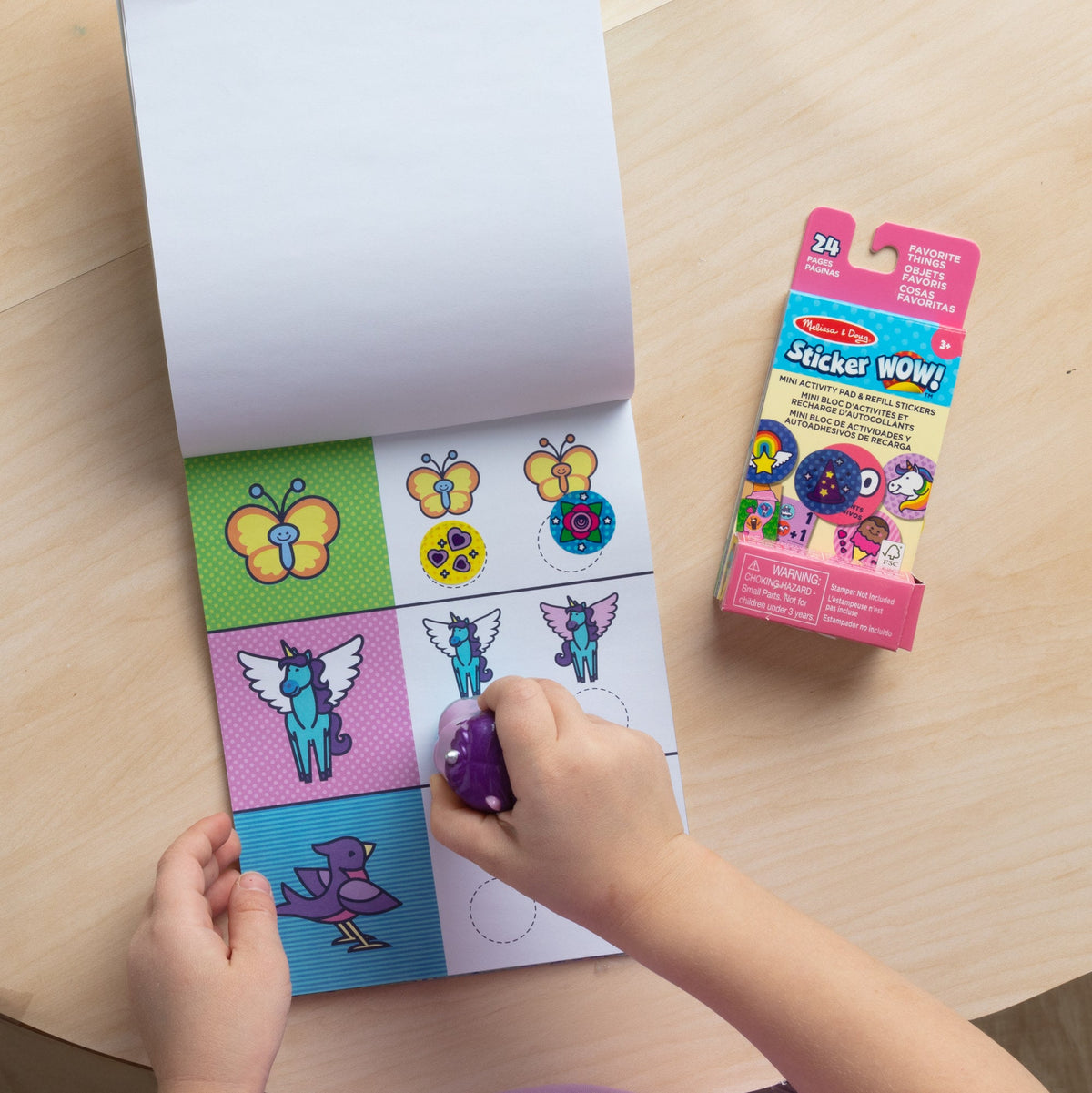 Melissa and Doug Sticker WOWTM Purple Unicorn Bundle Activity Pad Sticker Stamper Mini Activity Pad and 200 Refill Stickers