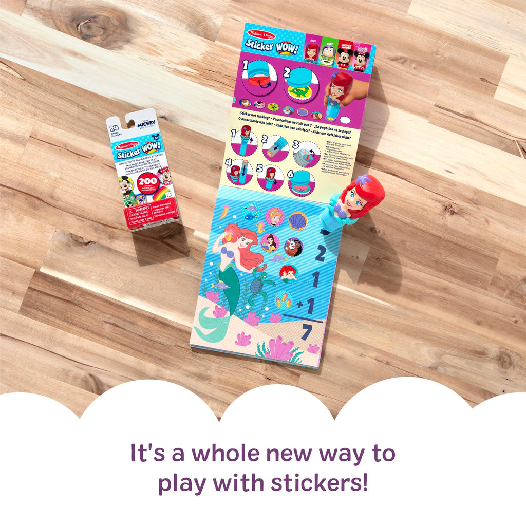 Melissa and Doug Sticker WOWTM Disney Ariel Bundle Activity Pad Sticker Stamper Mini Activity Pad and 200 Refill Stickers