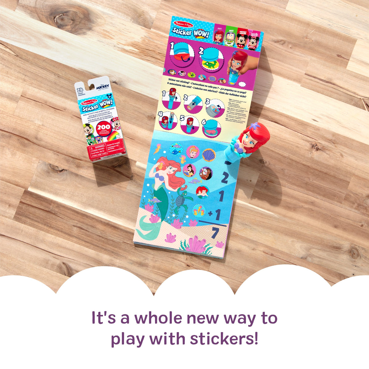Melissa and Doug Sticker WOWTM Disney Ariel Bundle Activity Pad Sticker Stamper Mini Activity Pad and 200 Refill Stickers