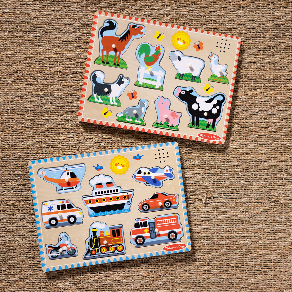 Melissa and Doug Wooden Sound Puzzle 2-Pack Farm Animals Vehicles