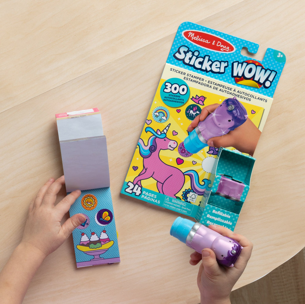Melissa and Doug Sticker WOWTM Purple Unicorn Bundle Activity Pad Sticker Stamper Mini Activity Pad and 200 Refill Stickers