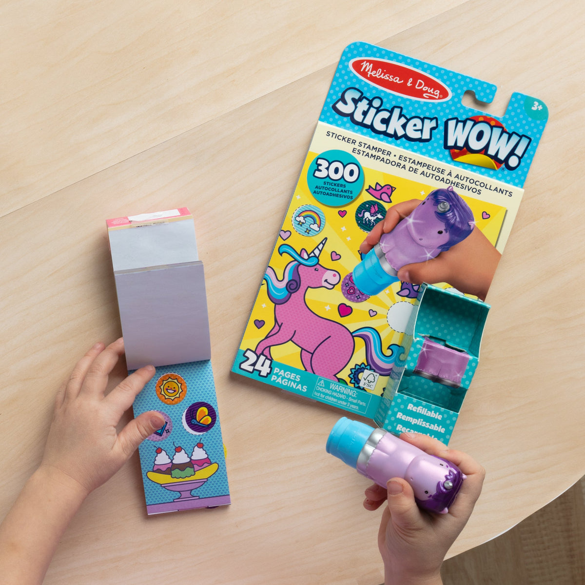 Melissa and Doug Sticker WOWTM Purple Unicorn Bundle Activity Pad Sticker Stamper Mini Activity Pad and 200 Refill Stickers