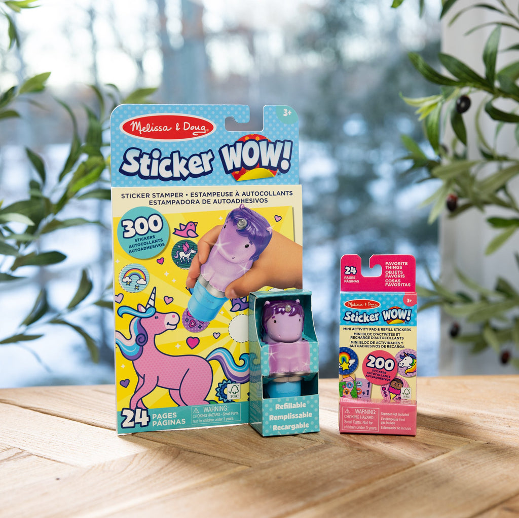 Melissa and Doug Sticker WOWTM Purple Unicorn Bundle Activity Pad Sticker Stamper Mini Activity Pad and 200 Refill Stickers