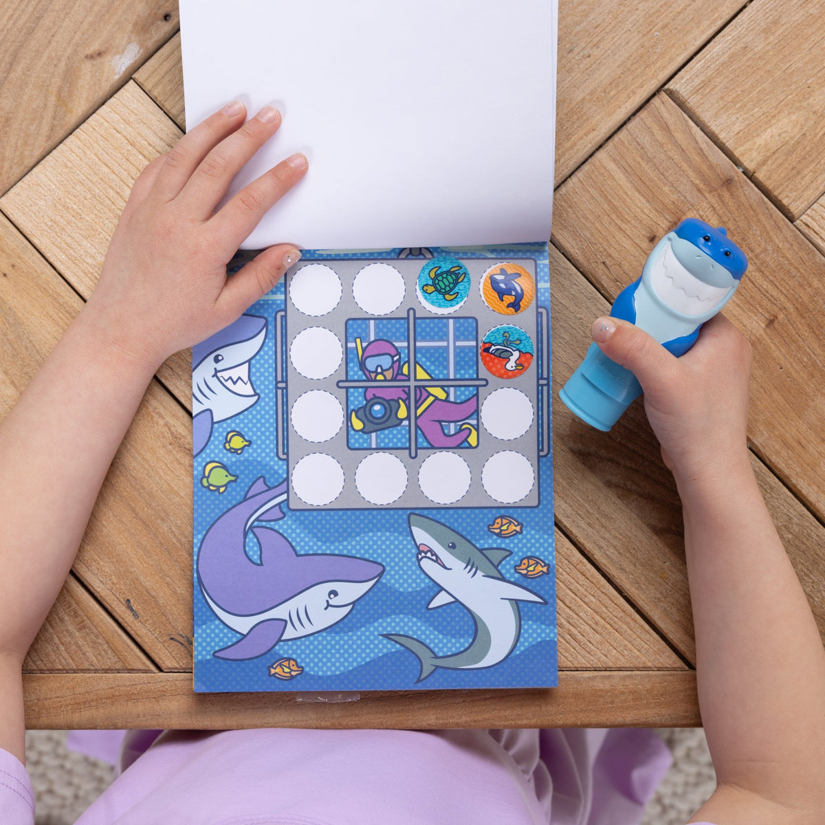 Melissa and Doug Sticker WOWTM Shark Bundle Activity Pad Sticker Stamper Mini Activity Pad and 200 Refill Stickers